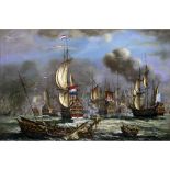Palace Size Oil on Board, 1652-1674 Anglo-Dutch Wars Naval Battle Scene, Signed Lower Left.