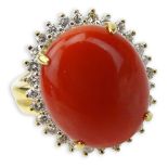 Vintage Cabochon Red Coral, .59 Carat Round Brilliant Cut Diamond and 18 Karat Yellow Gold Ring.