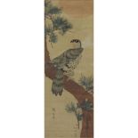 19th Century Japanese Hawk on Matsu Tree Scroll Painting on Paper. Signed, seal marks. Visible paper