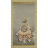 Early 20th Century Japanese Watercolor on Paper Set in Fabric Mounting as a Scroll. Depicts Seated