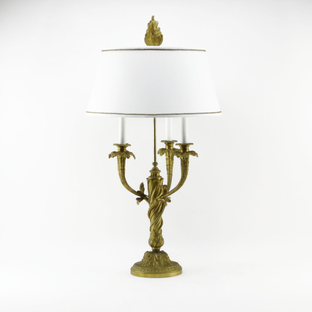 19th Century Louis XV Style Gilt Bronze Three Arm Candelabra Mounted as Lamp. Foliage to arm,