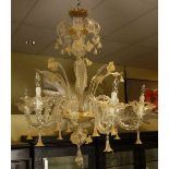 Mid-Century Venetian Glass Six Arm Chandelier. Includes: gilt flori-form and foliage ornaments