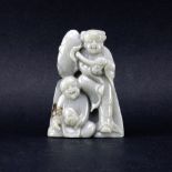 Chinese Carved Celadon Jade Group. Depicts 2 whimsical figures. Professional repair to corner.