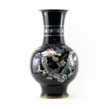 Vintage Oriental Black Lacquered Mother of Pearl and Abalone Shell Vase. Decorated with inlaid