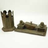 Vintage Three (3) Piece Egyptian Revival Islamic Repousse Brass Inkwell/Desk Set. Includes ink