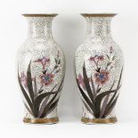 Pair of 20th Century Chinese Faux Cloisonné Porcelain Baluster Vases with Iris Decoration.