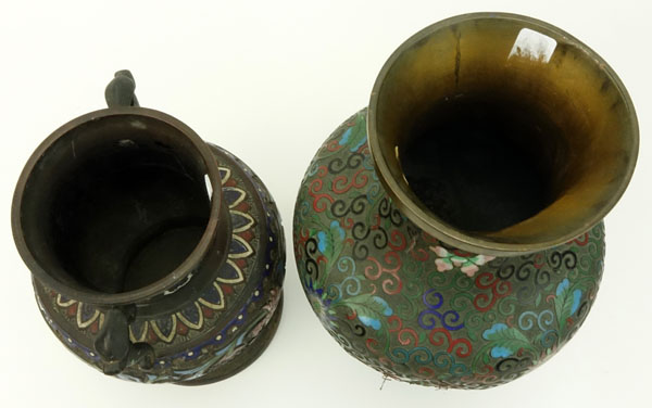 Two (2) Vintage Asian Cloisonne Vases. Unsigned. "AS IS" condition. Wear, losses, dings. Taller - Image 4 of 5