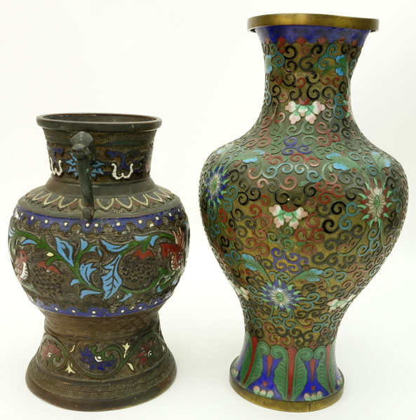 Two (2) Vintage Asian Cloisonne Vases. Unsigned. "AS IS" condition. Wear, losses, dings. Taller - Image 3 of 5