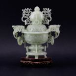 Chinese Carved Jade Reticulated Covered Urn on Wooden Stand. Decorated with mock handles, ringed,