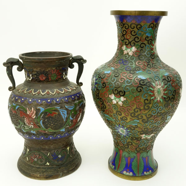 Two (2) Vintage Asian Cloisonne Vases. Unsigned. "AS IS" condition. Wear, losses, dings. Taller - Image 2 of 5