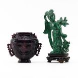Grouping of Two (2) Chinese Carved Miniatures. Includes: malachite Guanyin figure on wooden stand 6"