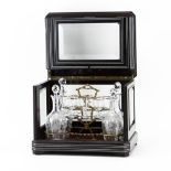 Antique Inlaid Wood Beveled Glass Tantalus Box Set with Liquor Set. Includes: 4 decanters, 8 cordial