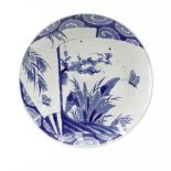 19th Century Japanese Arita Blue and White Porcelain Charger. Decorated blue glaze butterfly and