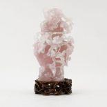 Chinese Carved Rose Quartz Covered Censer on Wooden Stand. Depicts birds and flowers. Losses to lid,