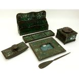Tiffany Studios Six (6) Piece Pine Needle Desk Set. Bronze with green slag glass. Includes: letter