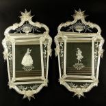 Pair of Early to Mid 20th Century Venetian Mirrors. Unsigned. Minor losses to leaves at top