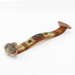 Antique Chinese Agate Beaded Ruyi Scepter. Decorated with incised script to base, metal bat design