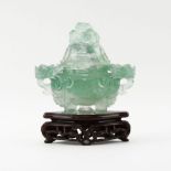 Mid-Century Chinese Carved Blue Quartz Covered Censer on Wooden Stand. Decorated with mock dragon