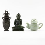 Grouping of Three (3) Chinese Jade Tabletop Items. Includes: covered tea pot (5" H x 6-1/2" W),