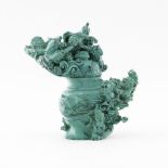 Chinese Hand Carved Turquoise High Relief Dragons Covered Censer. Nick to corner of the lid