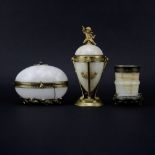 Three Piece Antique Onyx and Bronze Vase, Covered Jar and Egg Shaped Box. Unsigned. Covered jar with
