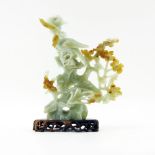 Chinese Carved Light Jade Bird Group on Wooden Stand. 1 bird has chip to tail, good condition. Group