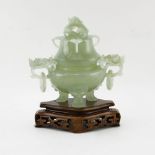 20th Century Chinese Carved Jade Covered Censer on Wooden Stand. Applied dragon handles, ringed.