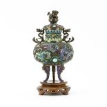 Vintage Chinese Enameled Filigree Silver Censer with Relief Dragons, Dragon Handles, Foo Lion Finial