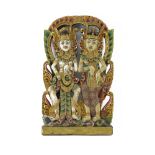 Large Hindu Deities Gilt Hand Painted Wood Carving. Natural wear to wood, some discoloration to