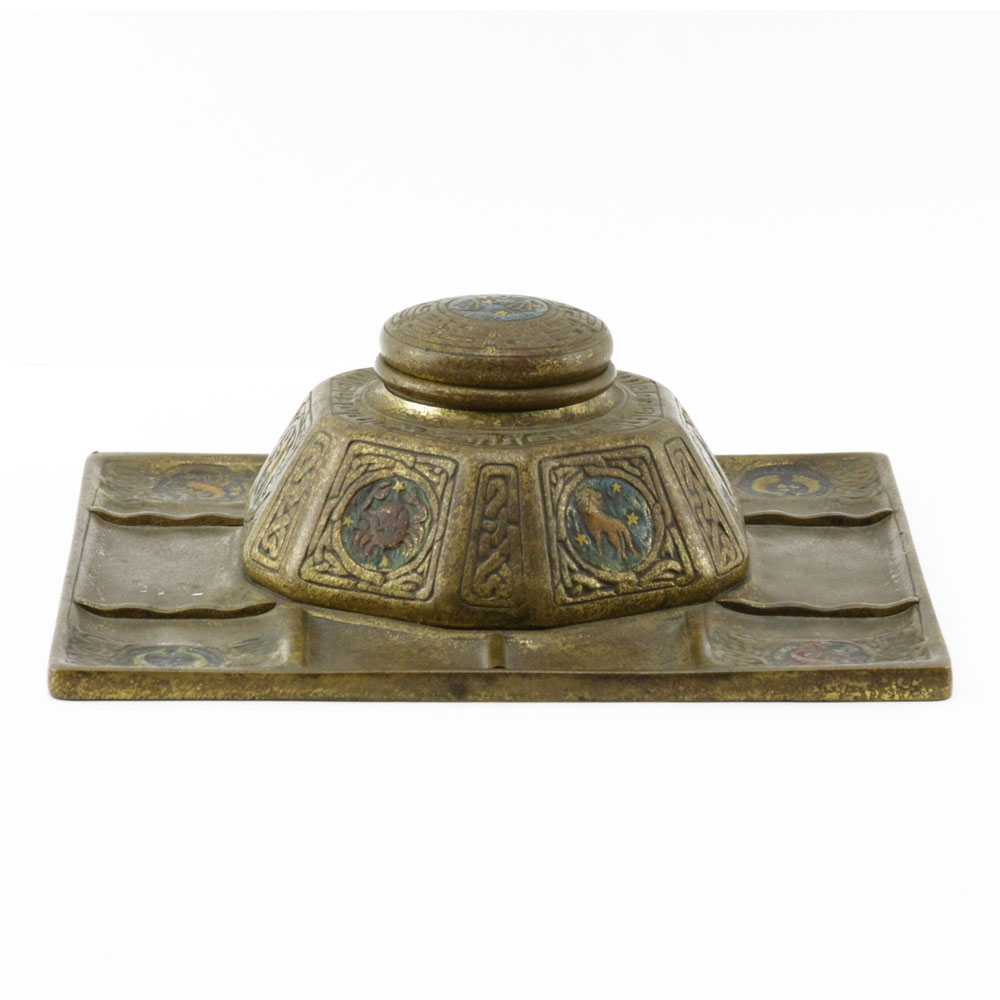 Tiffany Studios "Zodiac" Gilt Bronze and Enamel Inkstand. finished in a gilt patina and made for a