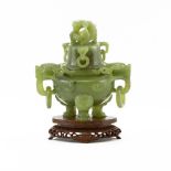 20th Century Chinese Carved Jade Covered Censer on Wooden Stand. Applied dragon handles, ringed, and