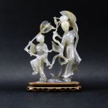 Chinese Natural Agate Grouping of Dancers on Wooden Stand. Natural wear to surface, good