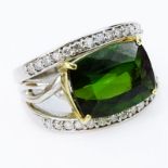 Approx. 5.13 Carat Cushion Cut Tourmaline, Platinum and 18 Karat Yellow Gold Ring accented with