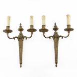 19/20th Century Gilt Bronze 2-Arm Wall Sconces. Scrolled patterns on stem and arms. Possibly needs