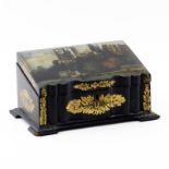 19th Century English Lacquered Wood and Hand Painted Tea Caddie. Depicts an image of Durham