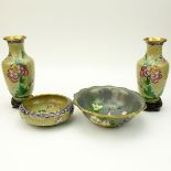 Lot of Four (4) Vintage Cloisonne Wares. Includes a pair of vases with hardwood stands in custom box