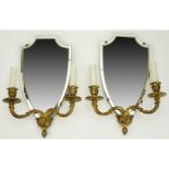 Group of Four (4) Mid Century Neoclassical Shield Shaped 2 Arm Wall Sconces. Gilt paint trim on