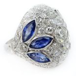 Art Deco Circa 1930 Approx. 2.50 Carat European Cut Diamond, 2.50 Carat Marquise Cut Sapphire and