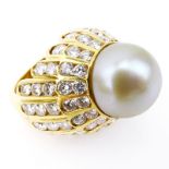 14mm South Sea White Pearl, approx. 7.0 Carat Round Brilliant Cut Diamond and 14 Karat Yellow Gold