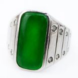 Men's Vintage Approx. 3.79 Carat Cabochon Jade and Platinum Ring Accented with .26 carat Round Cut