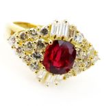 Approx. 1.86 Carat Cushion Cut Ruby, 1.67 Carat Round Brilliant and Baguette Cut Diamond and 18