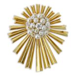 Retro Approx. 1.50 Carat European Cut Diamond, Pearls and 14 Karat Yellow Gold Sunburst Pendant/