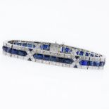 Circa 1920 Art Deco French Cut Sapphire, Old European Cut Diamond and Platinum Bracelet. Good