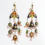 Large Pair of 18 Karat Yellow Gold, Multi Color Enamel, Rose Cut Diamond and Seed Pearl Reversible