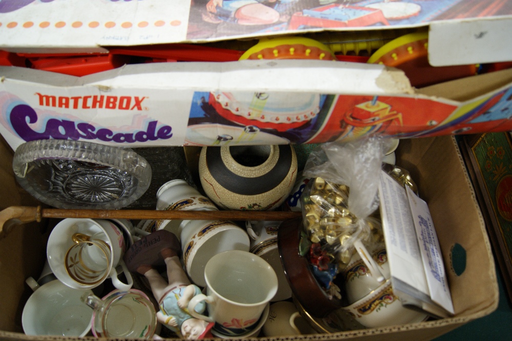A box of assorted ceramics and glass including a boxed matchbox cascade game