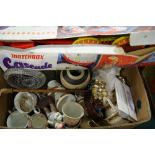 A box of assorted ceramics and glass including a boxed matchbox cascade game