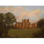 A 19th century figural oil on canvas of a castle