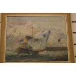 John Holliday, an oil on board "Mersey Tug in Attendance" signed to lower right of the image,