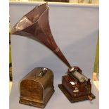 Edison Phonograph with original oak cover and horn.