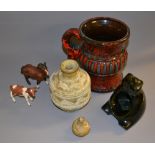 A small selection of studio pottery together with two Beswick figures.